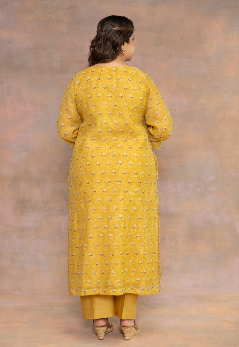 Rosa Yellow Sanganeri Chanderi Silk Straight Kurta with Pitta Embroidery