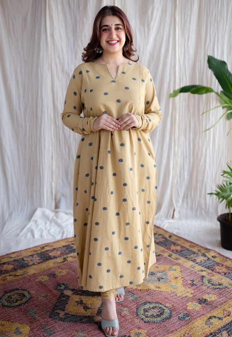 Kamal Yellow Ajrakh Cotton Kali Kurta with Hand Embroidery