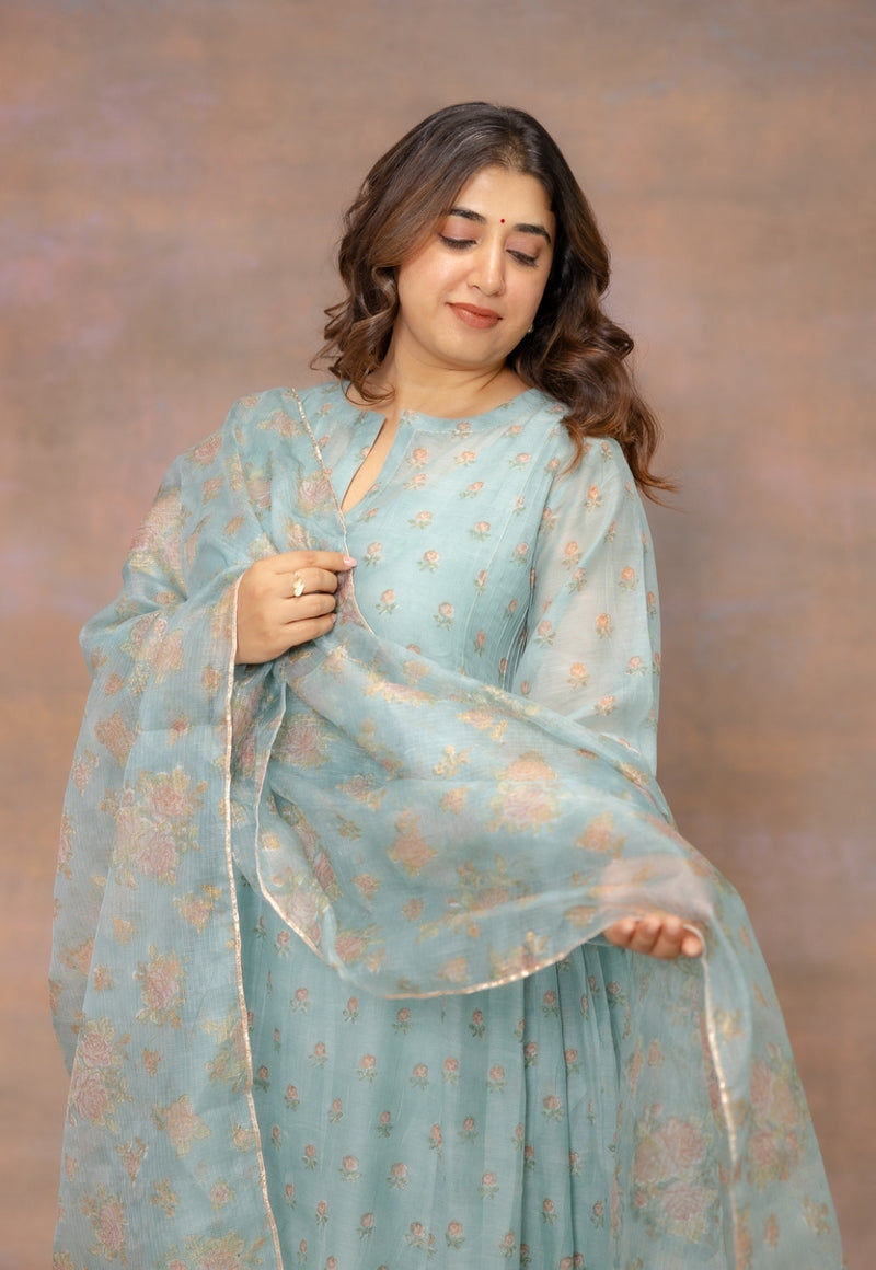 Rosalia Blue Sanganeri Kota Doria Silk Dupatta with Lace Detailing