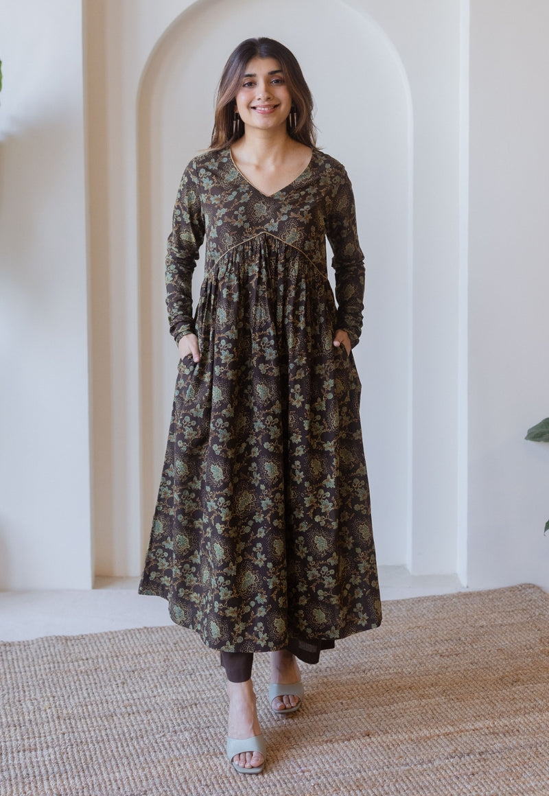 Roshi Brown Ajrakh Cotton A Line Kurta