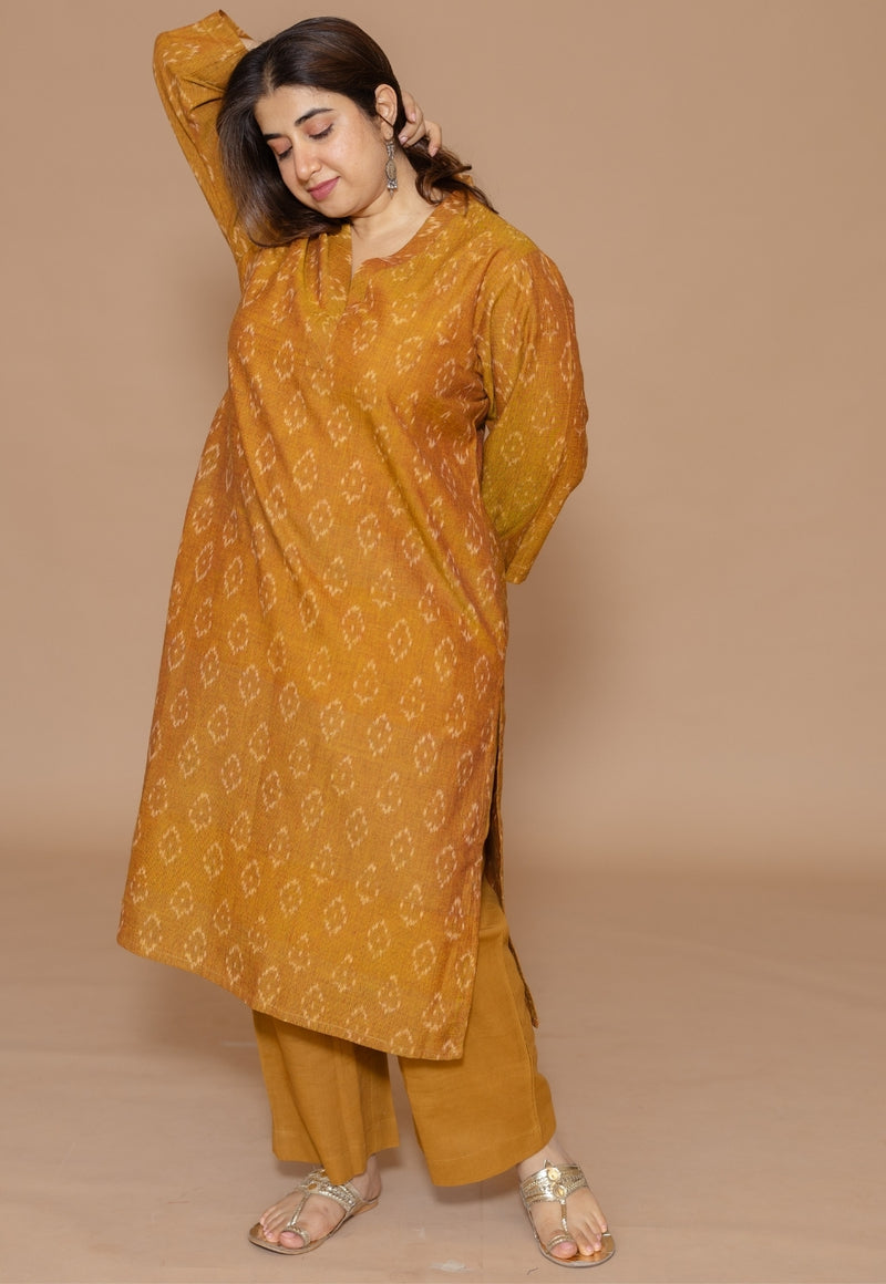 Avika Yellow Handloom Ikkat Cotton Straight Kurta