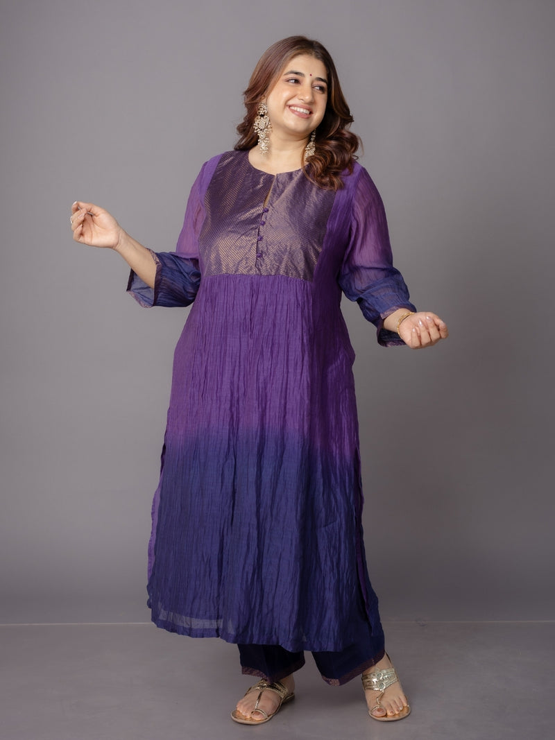 Indu Purple Ombre Chanderi Silk A Line Kurta with Hand Embroidery
