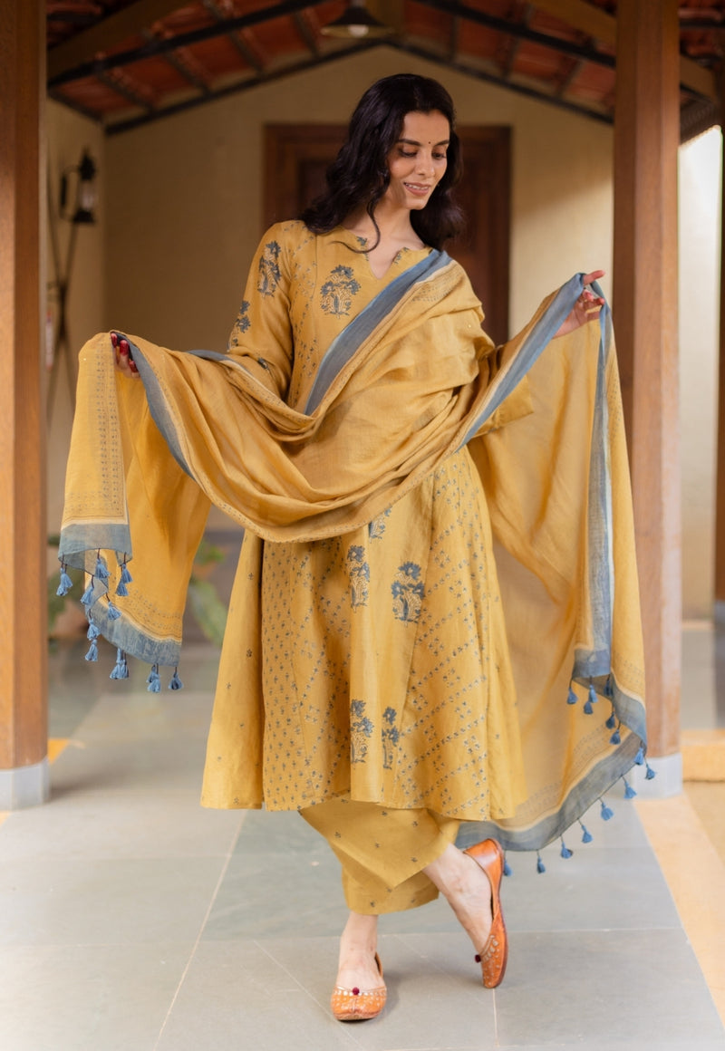 Mustard Ajrakh Chanderi Silk Dupatta with Embroidery