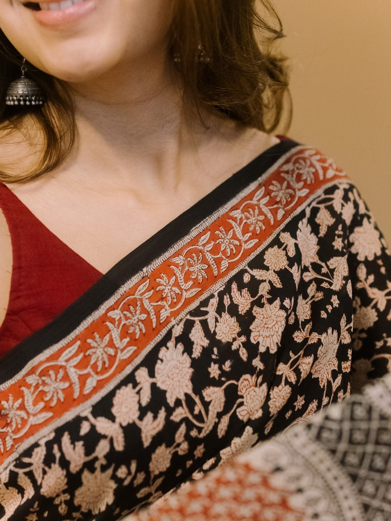 Black Jaal Bagru Hand Block Print Modal Saree