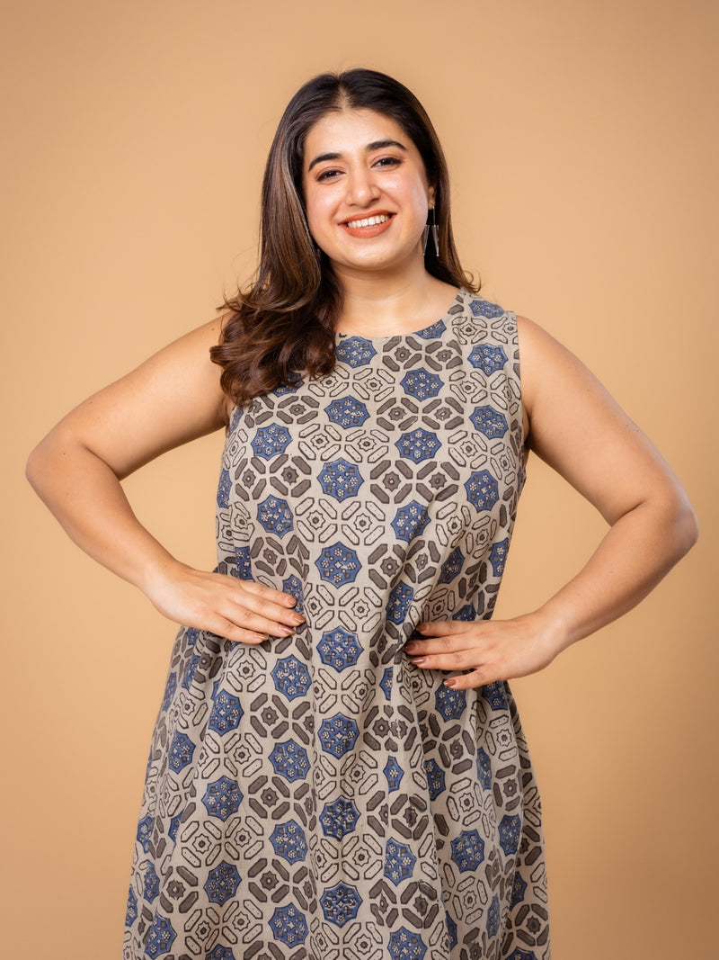 Inam Grey Ajrakh Cotton A Line Dress