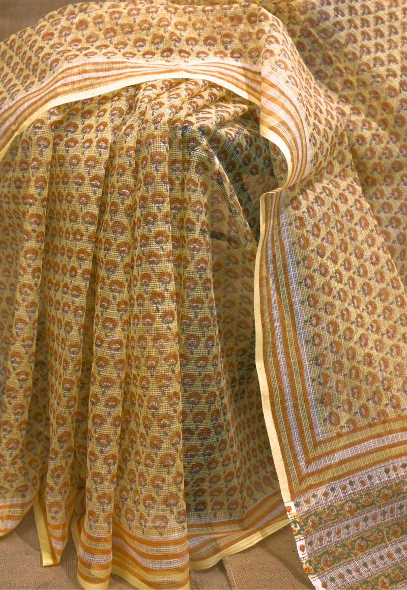 Yellow Butti Sanganeri Hand Block Print Kota Doria Saree