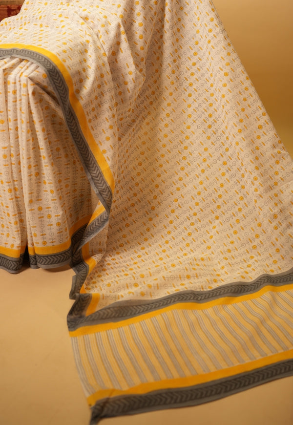 White Sanganeri Hand Block Print Cotton Saree