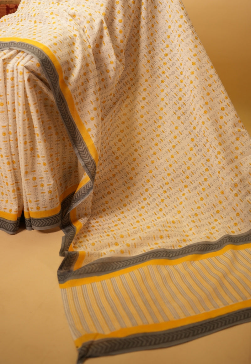 White Sanganeri Hand Block Print Cotton Saree