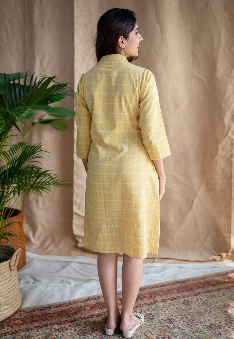 Erza Yellow Dabu Slub Cotton Straight Dress