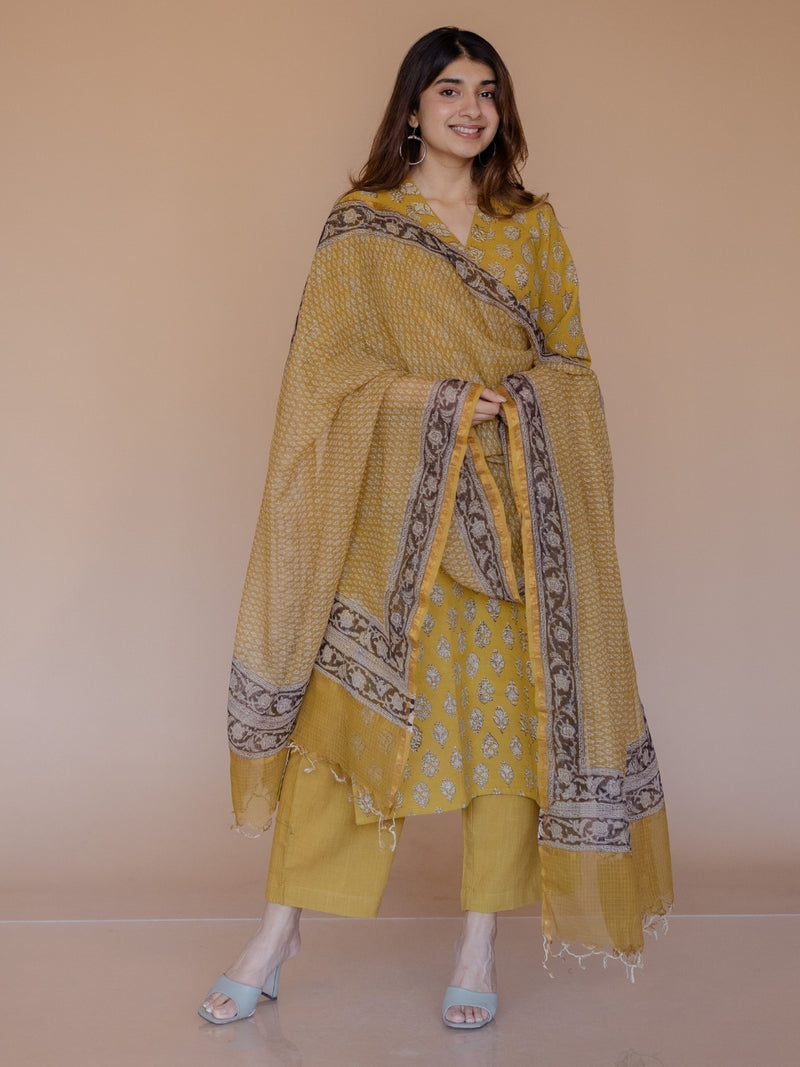 Avika Yellow Bagru Cotton Straight Kurta