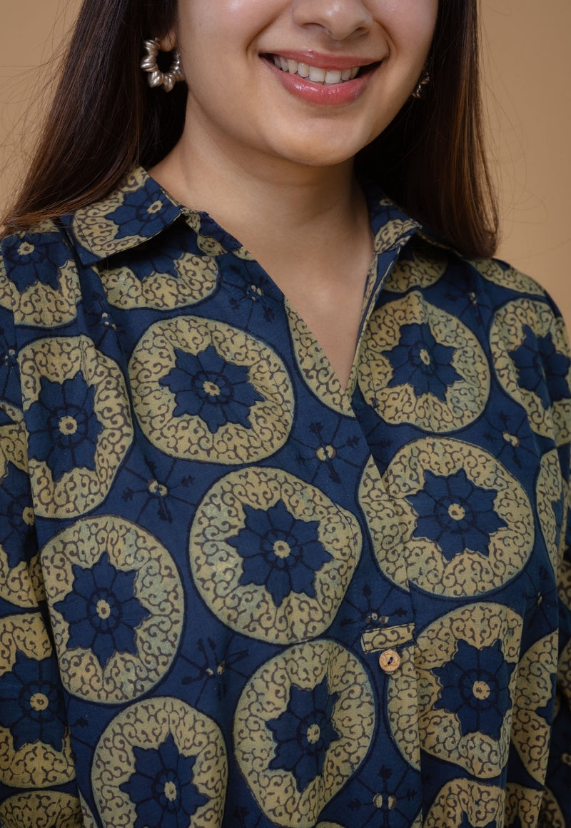 Ridah Blue Ajrakh Cotton A Line Dress