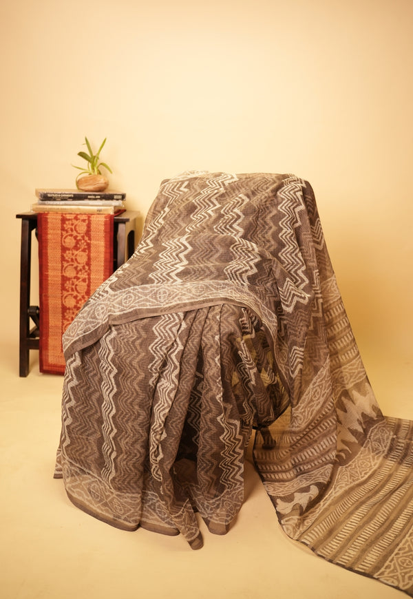 Brown Chevron Dabu Hand Block Print Kota Doria Saree