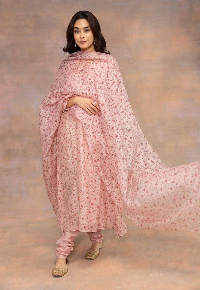 Rose Pink Sanganeri Chanderi Silk Kali Kurta with Hand Embroidery