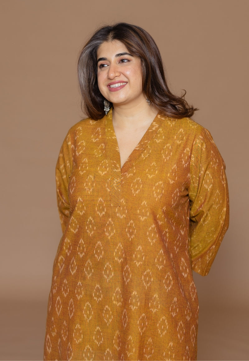 Avika Yellow Handloom Ikkat Cotton Straight Kurta