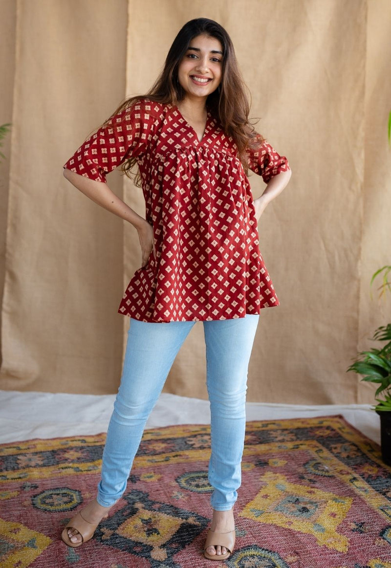 Nakkaashee Maroon Ajrakh Cotton A Line Top