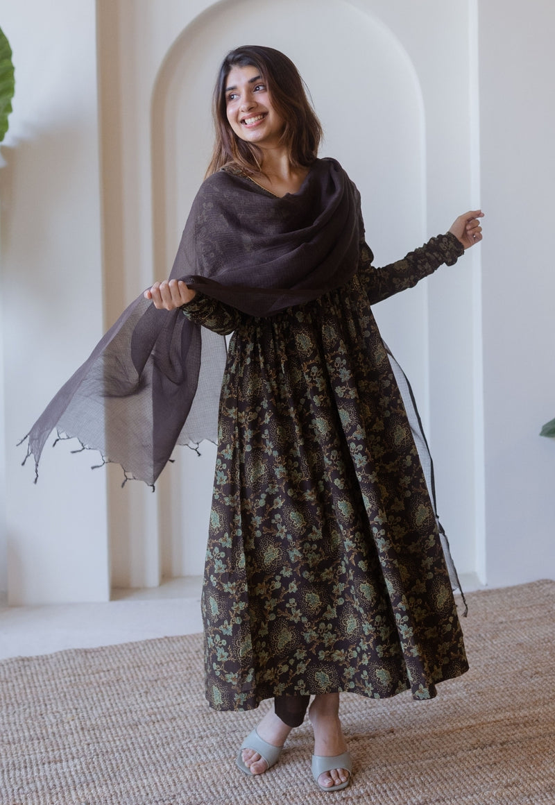 Roshi Brown Ajrakh Cotton A Line Kurta