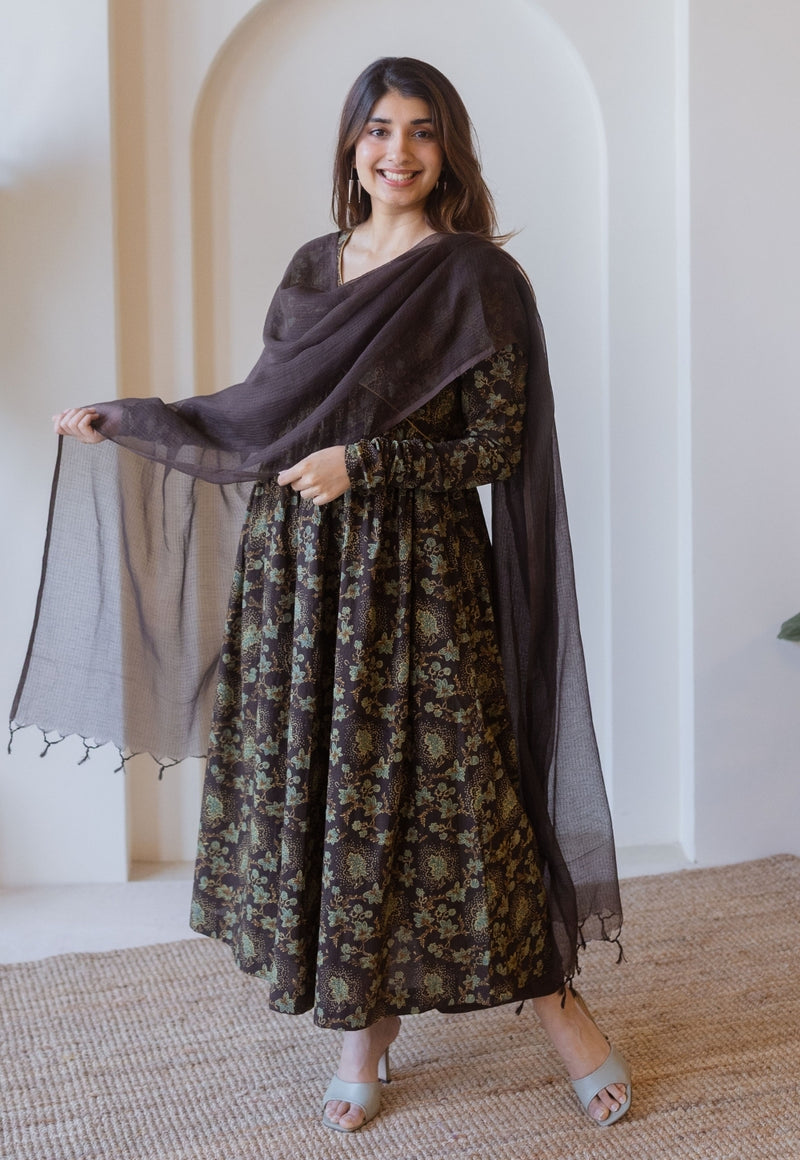 Roshi Brown Ajrakh Cotton A Line Kurta