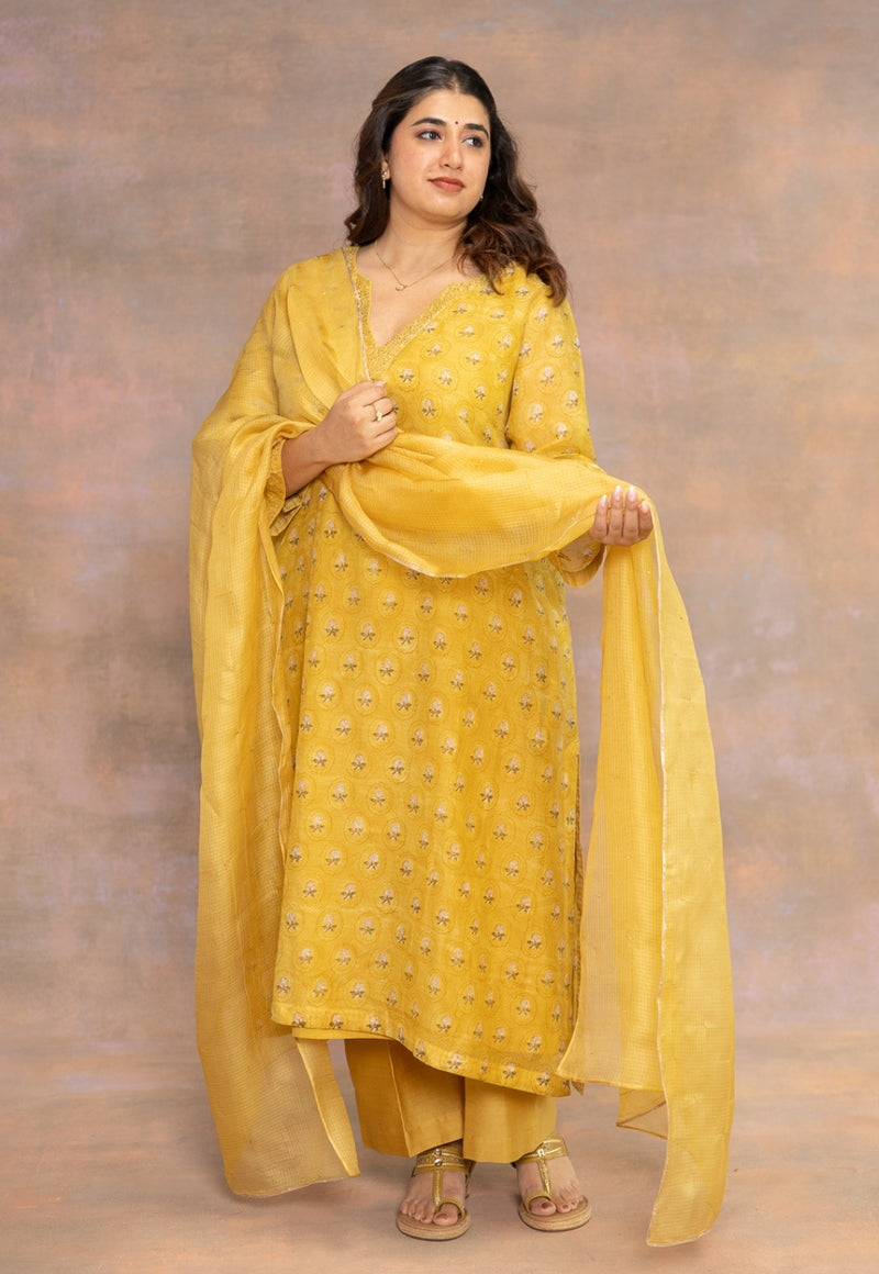 Yellow Solid Kota Doria Silk Dupatta with Mukaish Detailing
