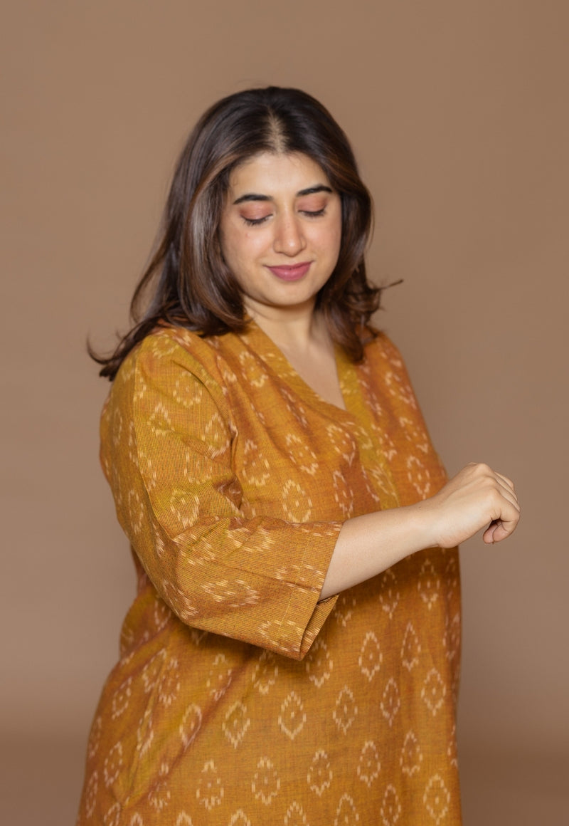 Avika Yellow Handloom Ikkat Cotton Straight Kurta