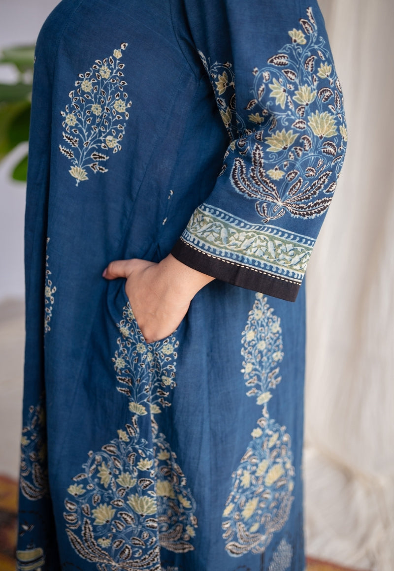 Aaria Ajrakh Cotton Hand Embroidered Kali Kurta