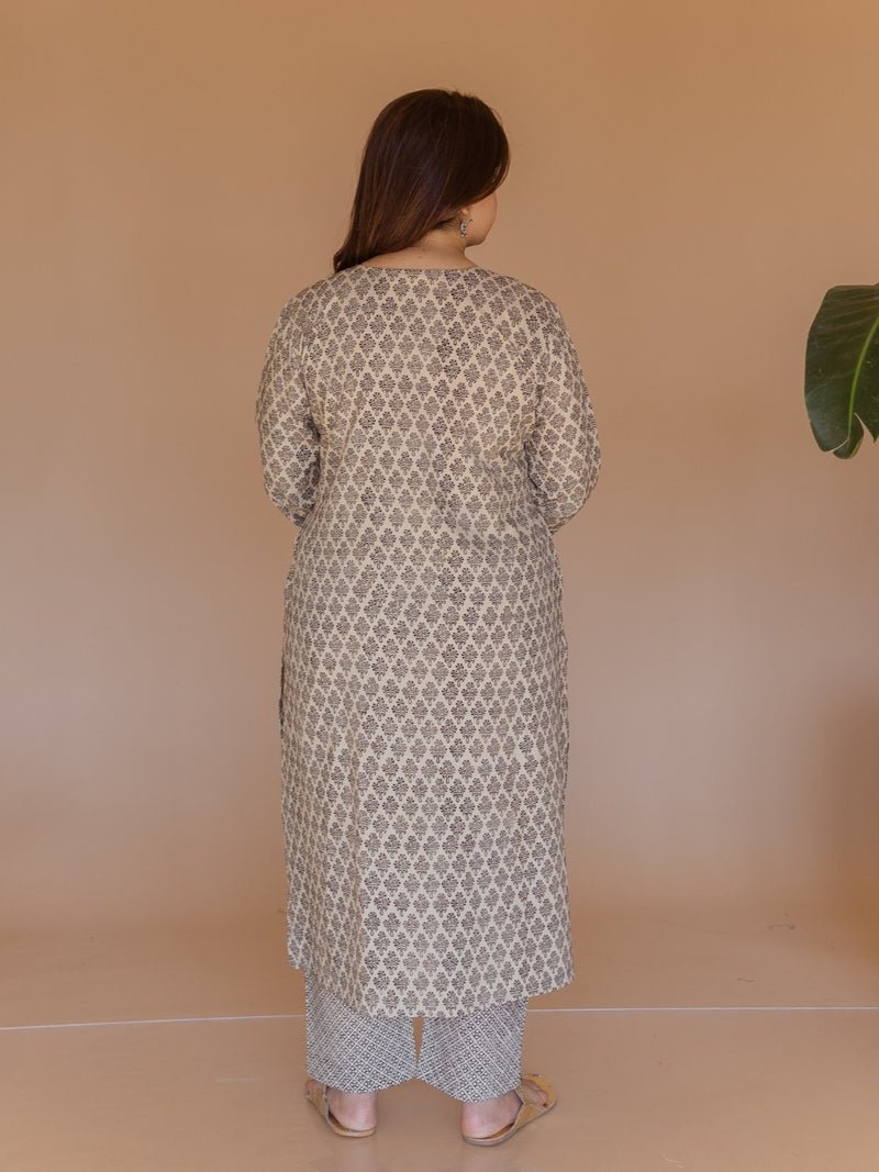 Ziya Off White Bagru Cotton Straight Kurta