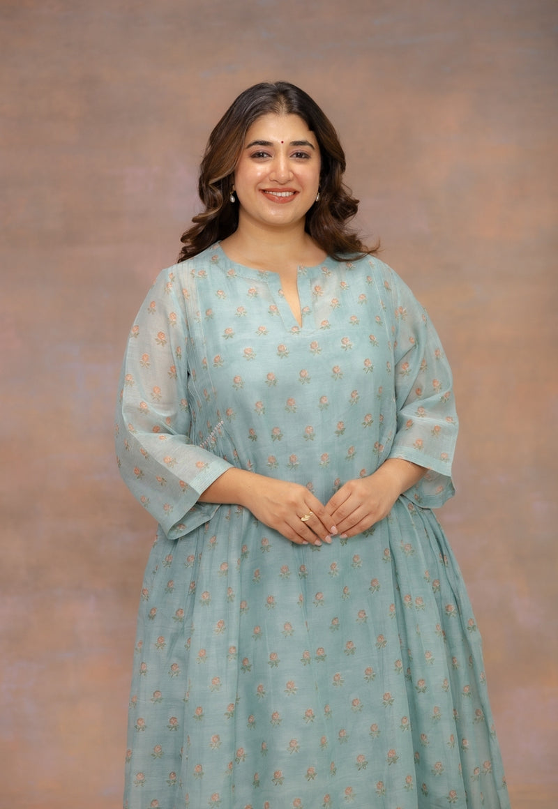 Rosalia Blue Sanganeri Chanderi Silk Kali Kurta