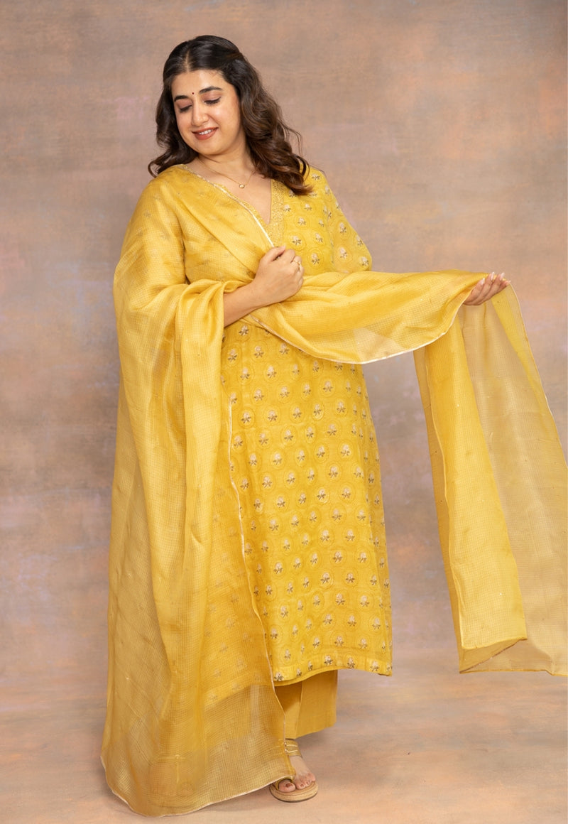 Yellow Solid Kota Doria Silk Dupatta with Mukaish Detailing