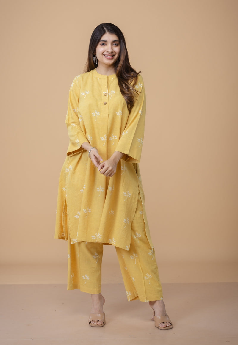 Ayaat Yellow Dabu Slub Cotton Straight Co-ord Set