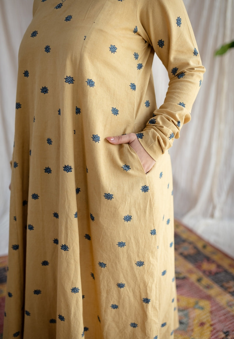 Kamal Yellow Ajrakh Cotton Kali Kurta with Hand Embroidery