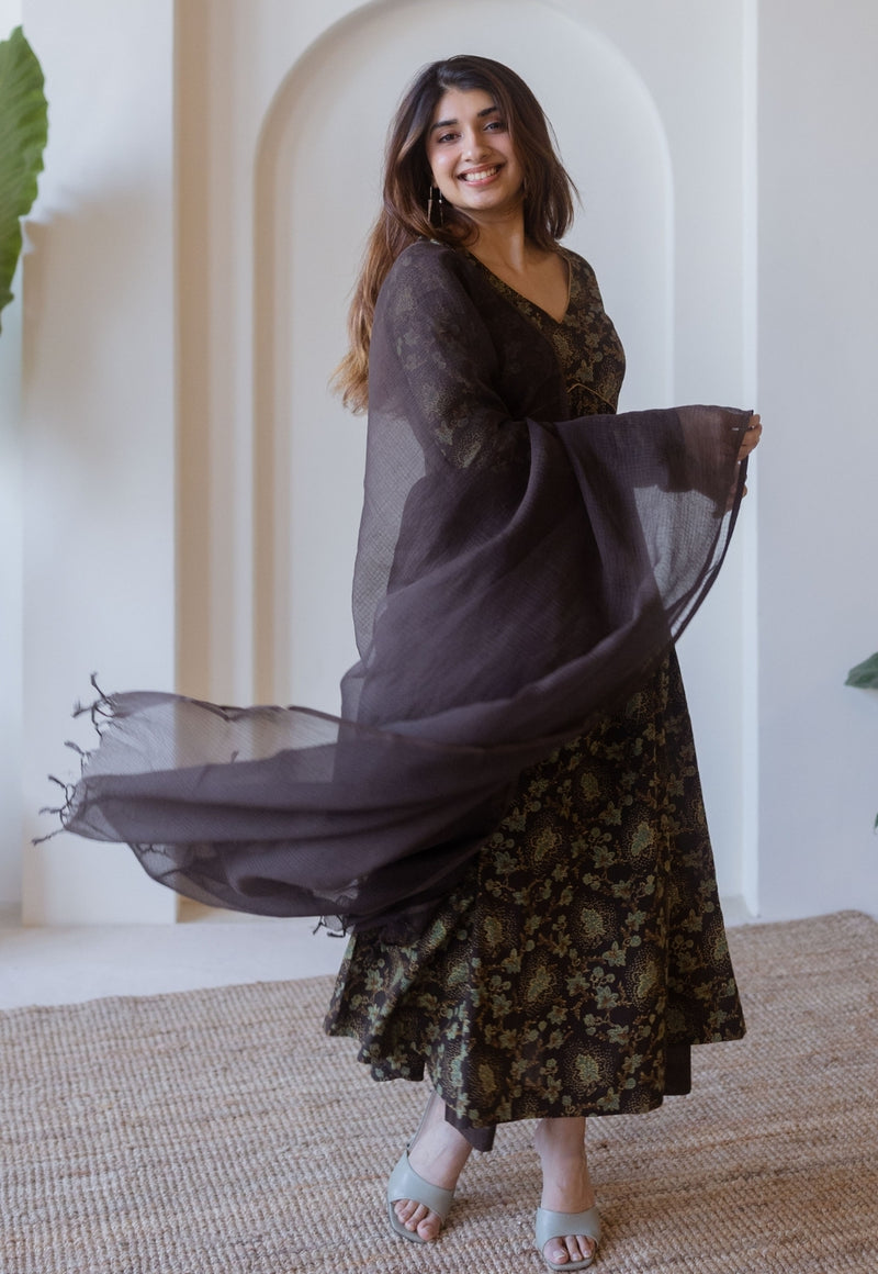Roshi Brown Ajrakh Cotton A Line Kurta