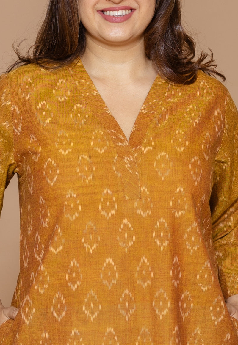 Avika Yellow Handloom Ikkat Cotton Straight Kurta