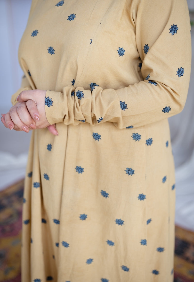 Kamal Yellow Ajrakh Cotton Kali Kurta with Hand Embroidery