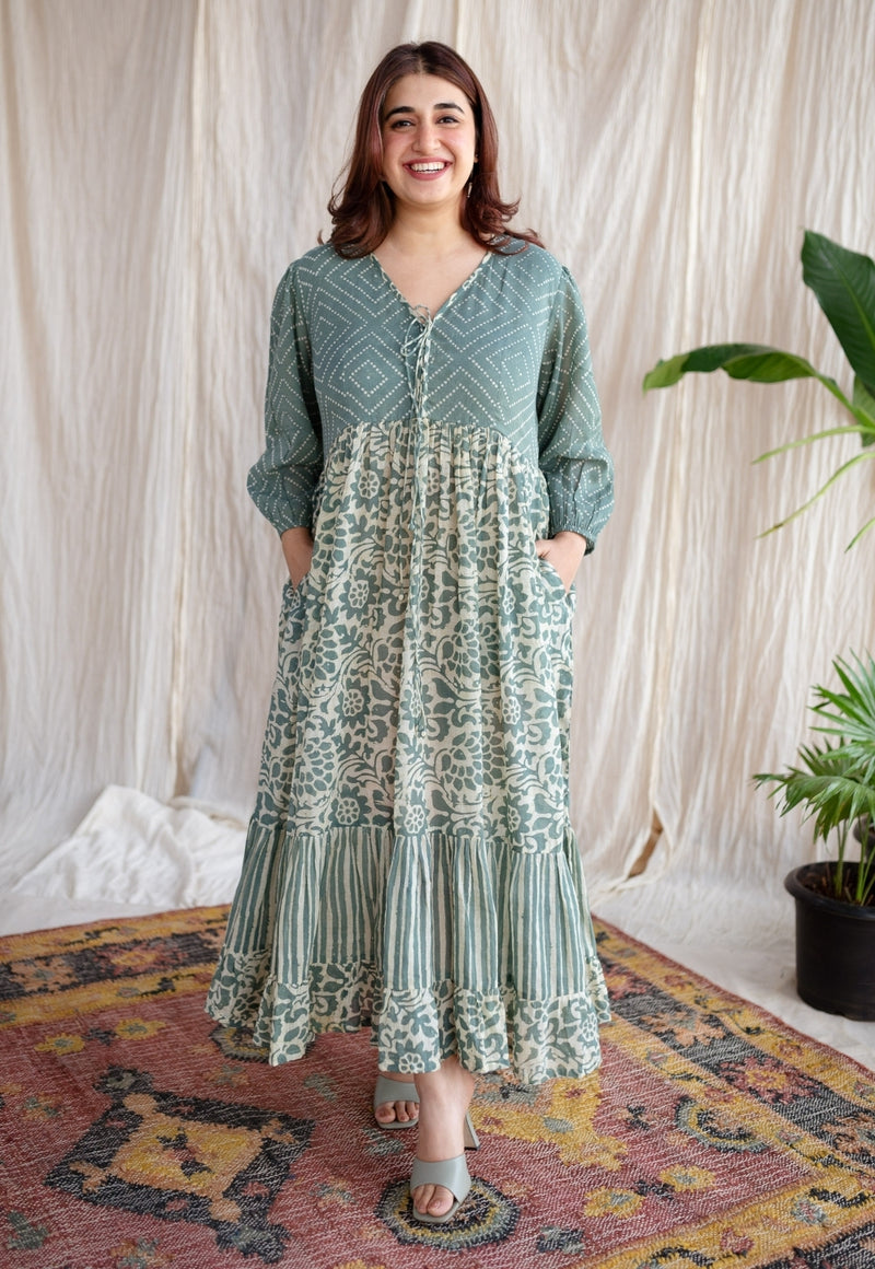 Divisha Green Batik MulMul Cotton A Line Dress