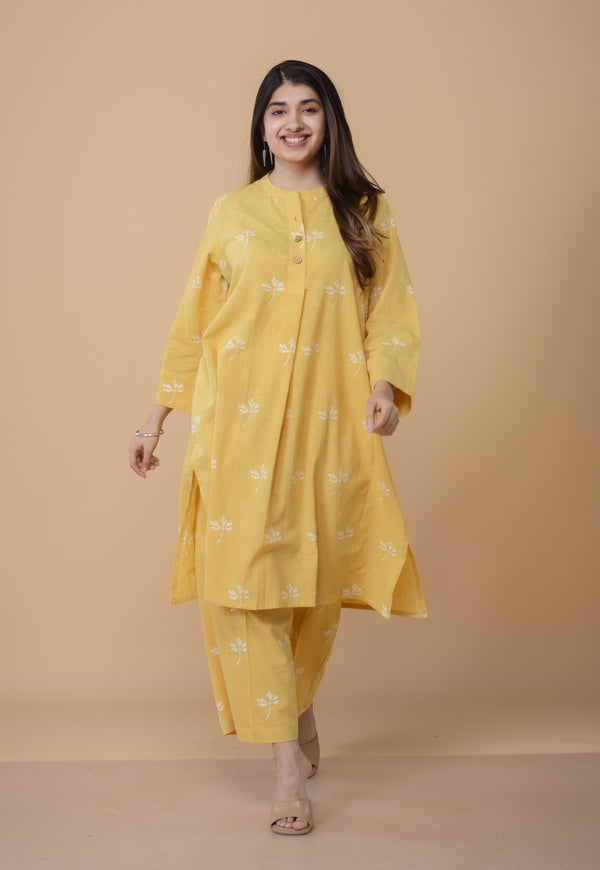 Ayaat Yellow Dabu Slub Cotton Straight Co-ord Set