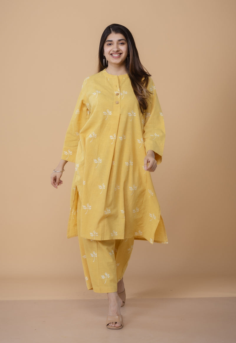 Ayaat Yellow Dabu Slub Cotton Straight Co-ord Set