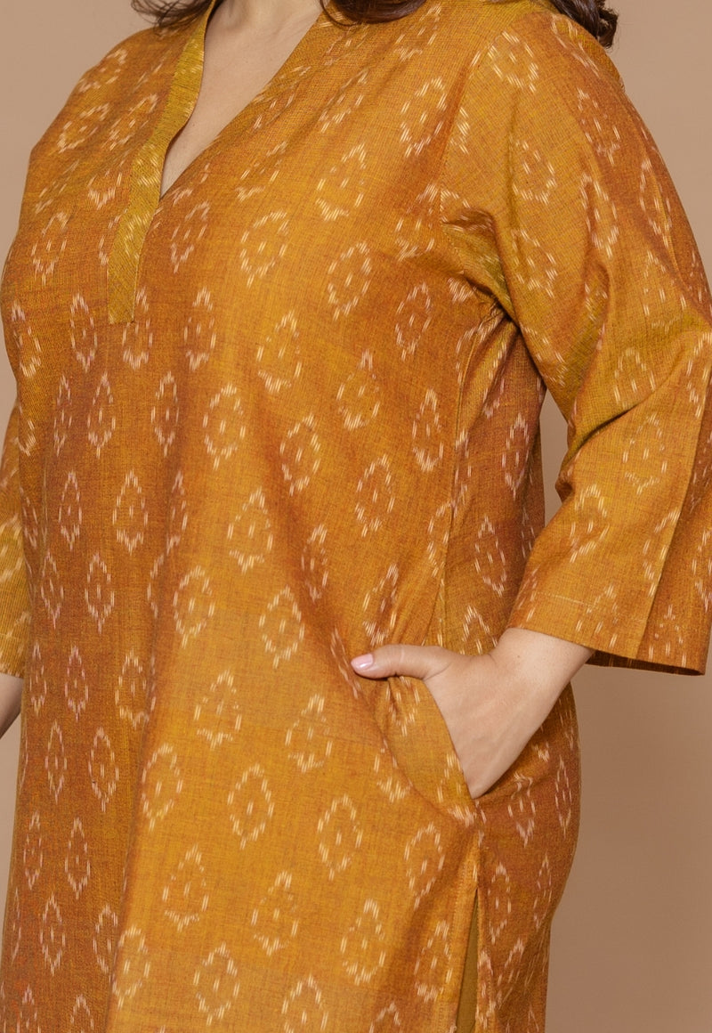 Avika Yellow Handloom Ikkat Cotton Straight Kurta