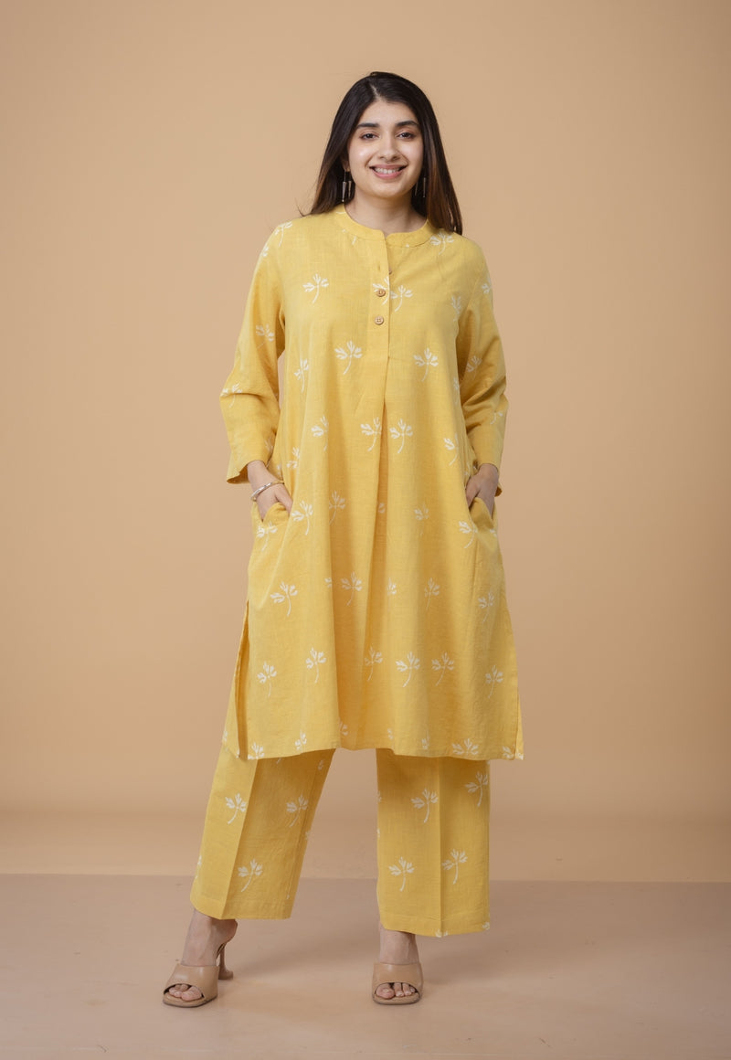 Ayaat Yellow Dabu Slub Cotton Straight Co-ord Set