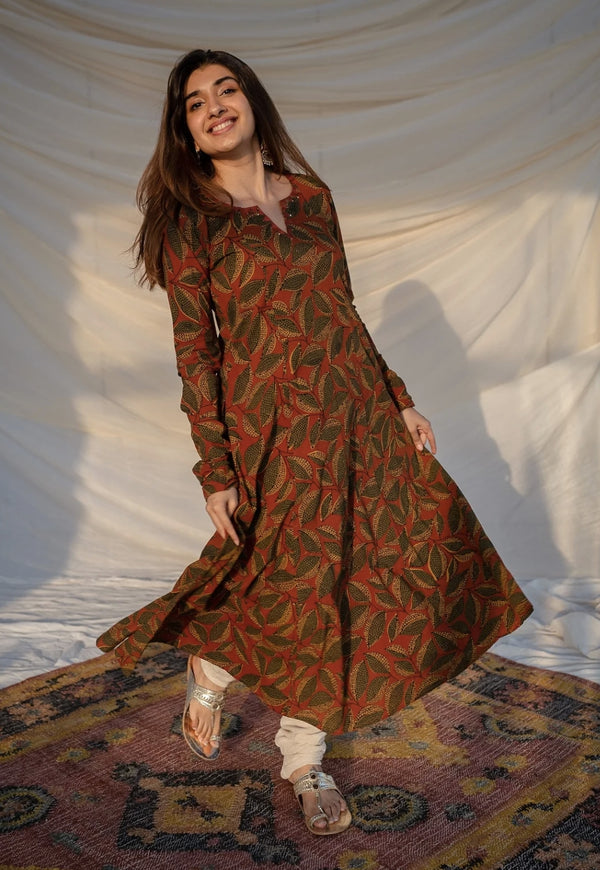 Tanmayi Ajrakh Cotton Hand Embroidered Kali Kurta