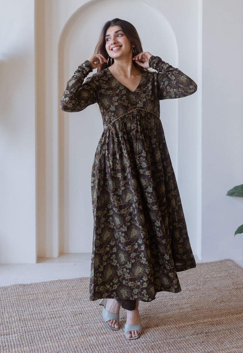 Roshi Brown Ajrakh Cotton A Line Kurta