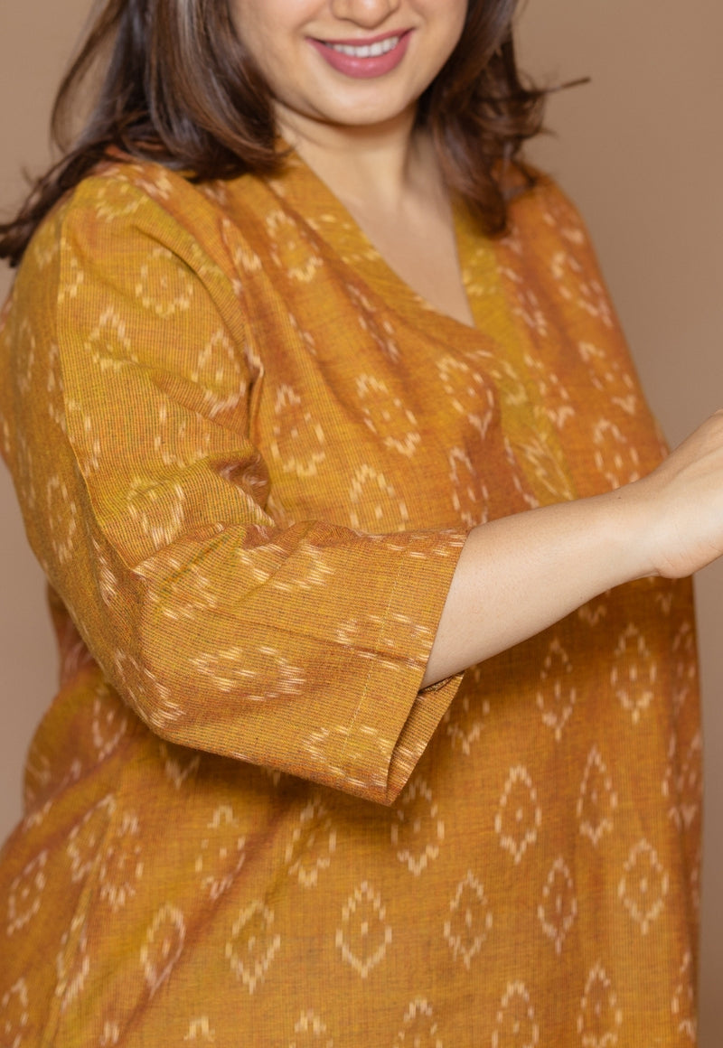 Avika Yellow Handloom Ikkat Cotton Straight Kurta