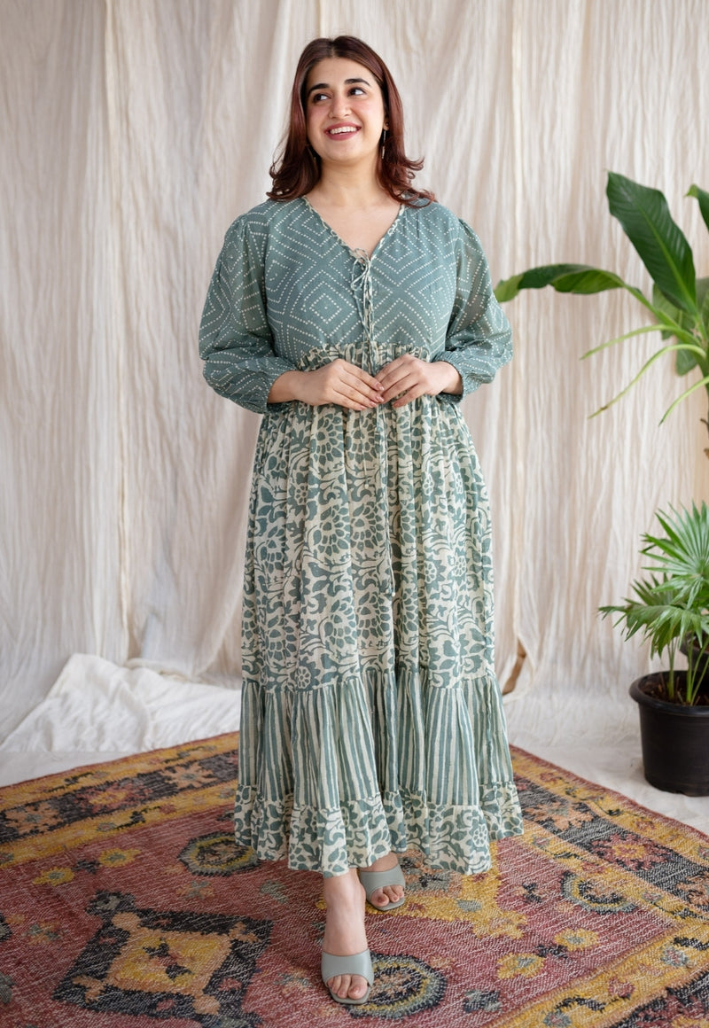 Divisha Green Batik MulMul Cotton A Line Dress