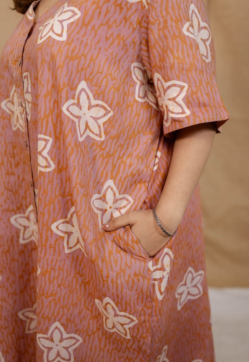 Zaya Peach Batik Cotton Loose Dress