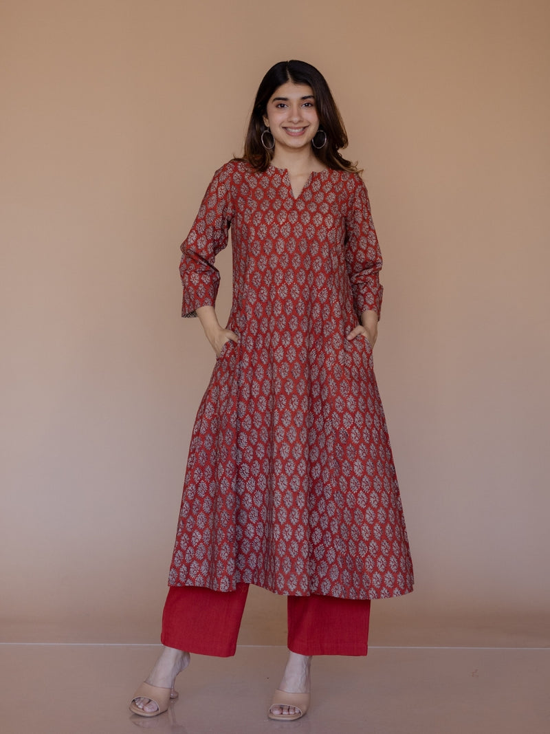 Malika Red Bagru Cotton Kali Kurta
