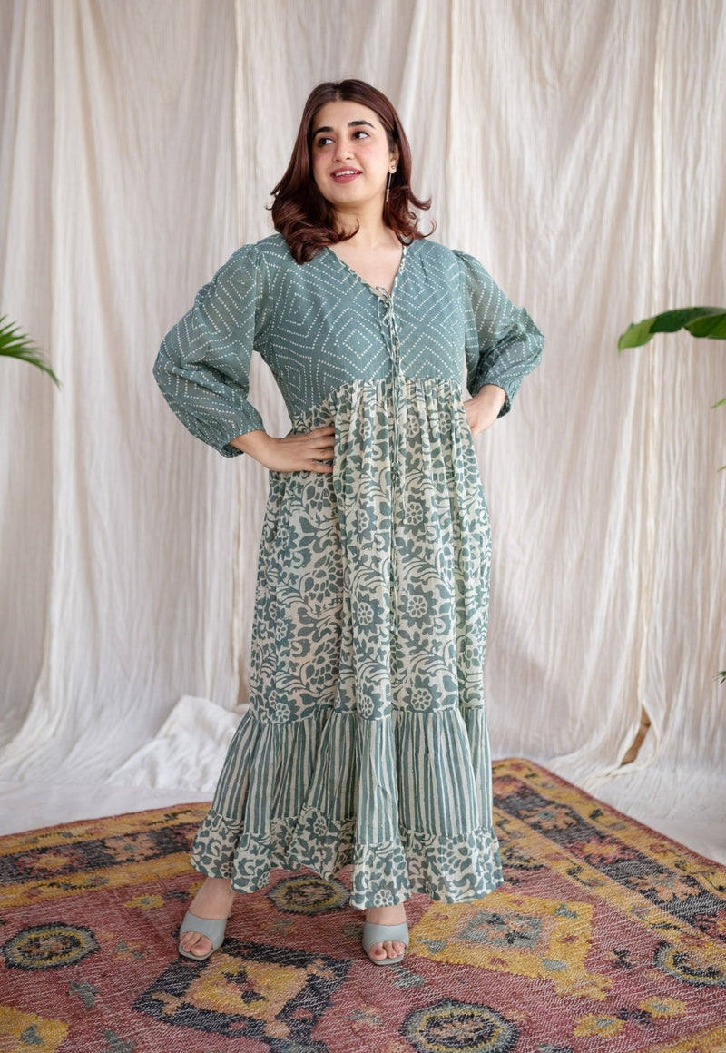 Divisha Green Batik MulMul Cotton A Line Dress