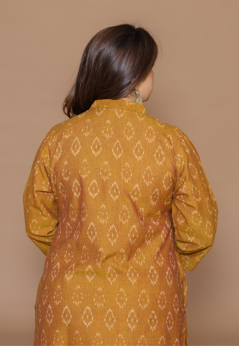 Avika Yellow Handloom Ikkat Cotton Straight Kurta