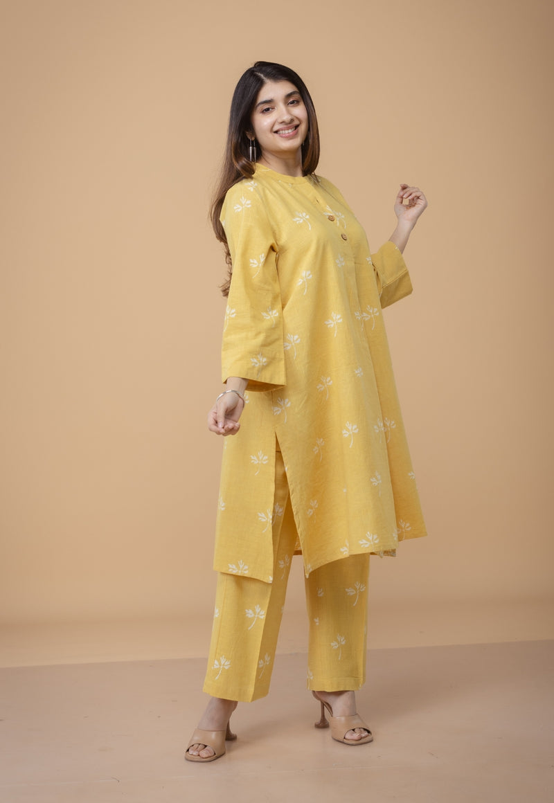 Ayaat Yellow Dabu Slub Cotton Straight Co-ord Set
