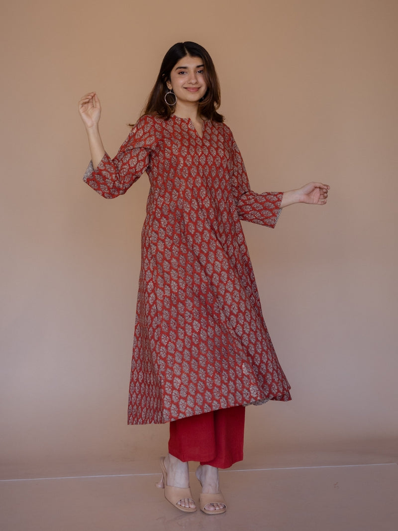 Malika Red Bagru Cotton Kali Kurta