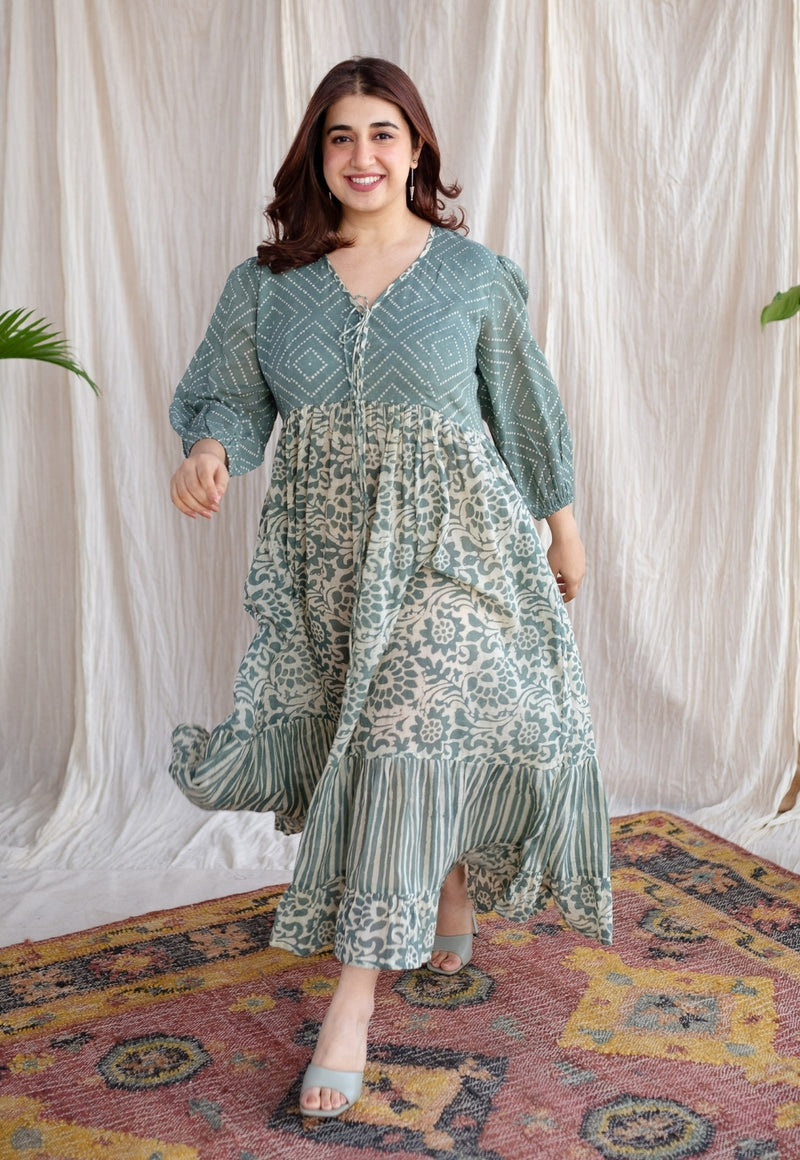 Divisha Green Batik MulMul Cotton A Line Dress