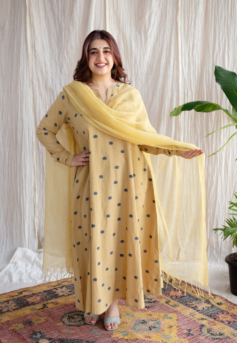 Kamal Yellow Ajrakh Cotton Kali Kurta with Hand Embroidery