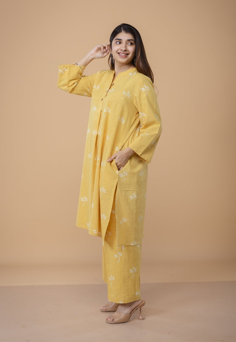Ayaat Yellow Dabu Slub Cotton Straight Co-ord Set